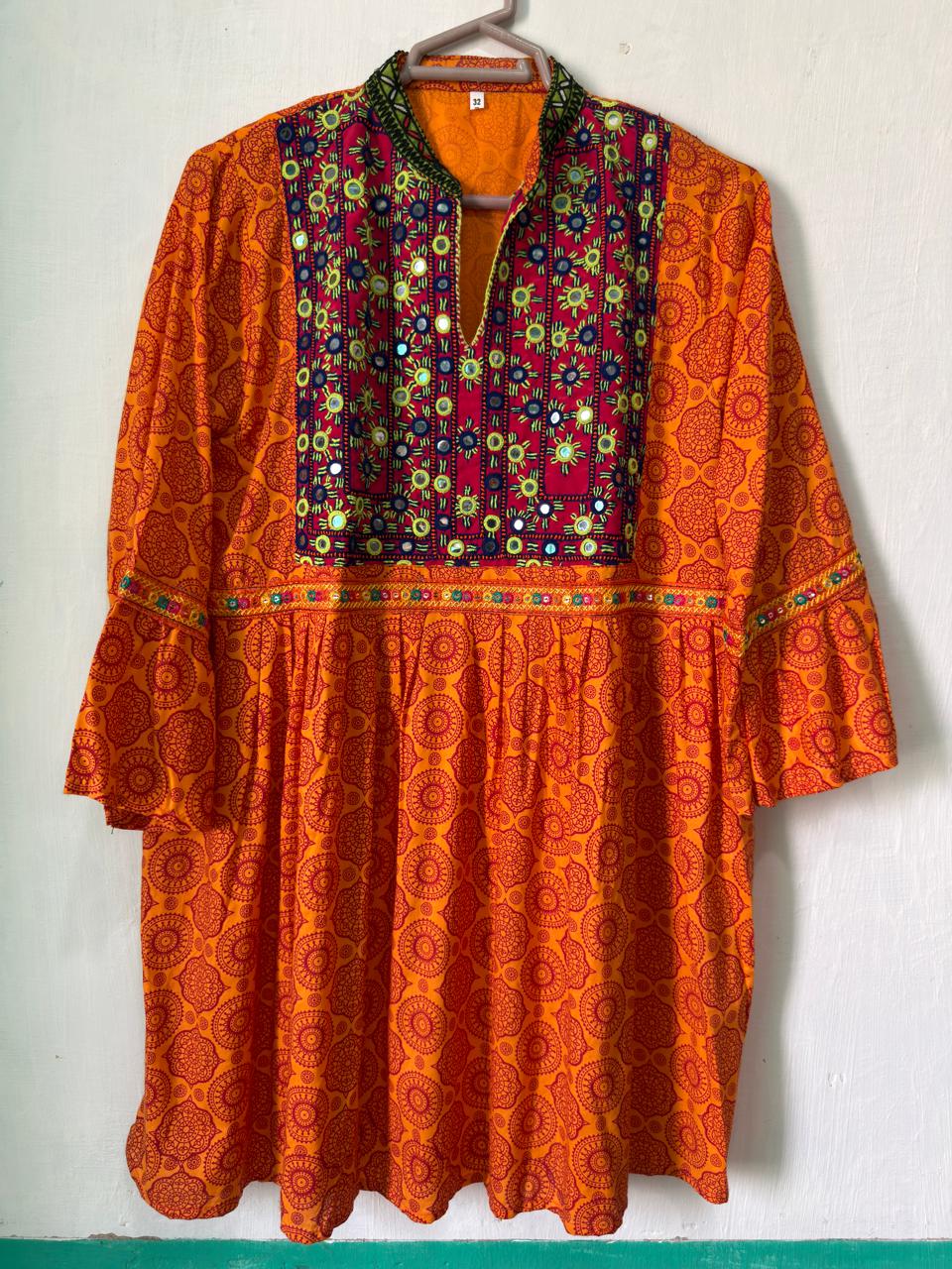 Sindhi embroidered kurta in orange and red with full yoke embroidery