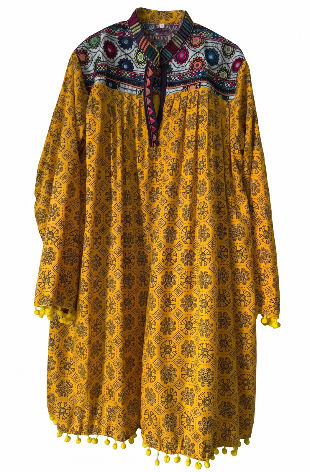 Hand-embroidered mustard-gold frock kurta with a multicolour mirror-work yoke and pom-pom trim, handmade in Tharparkar, Sindh
