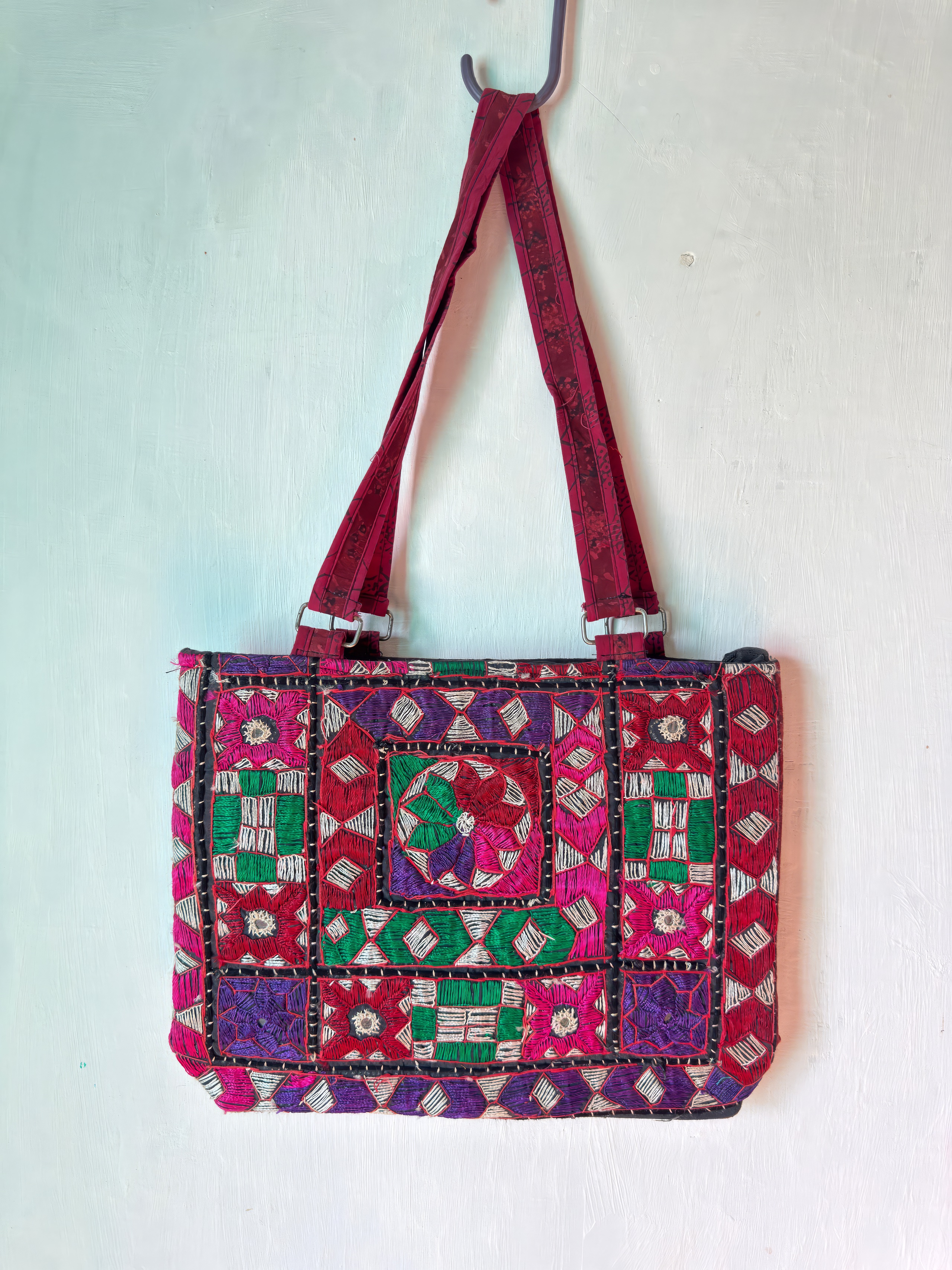 Vibrant Tharparkar embroidered bag with mirror-work patchwork